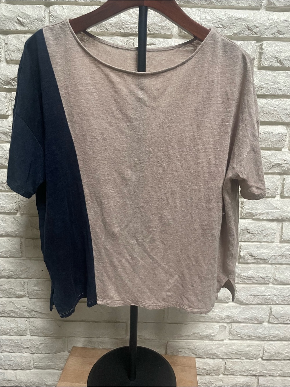 Garnet Hill Jersey Knit Linen Color Block Boxy Tee t-shirt navy tan sz S